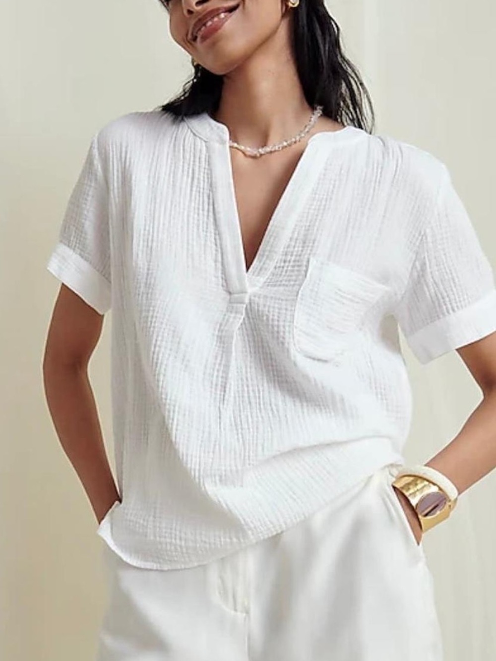 J. Crew White Gauze Short Sleeve Popover Top